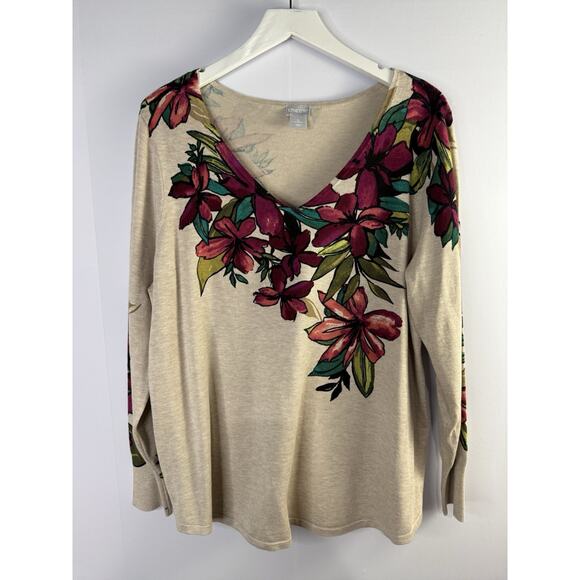 Chico's Women's Size 3 XL V-Neck Floral Sweater Lightweight Beige - Picture 1 of 7